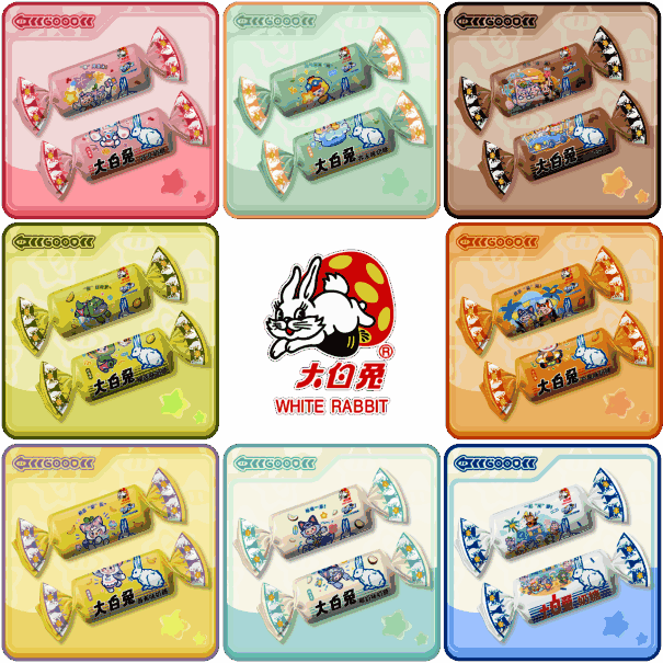 八款联名奶糖实物图，每款包装印有不同星宝形象，色彩鲜艳