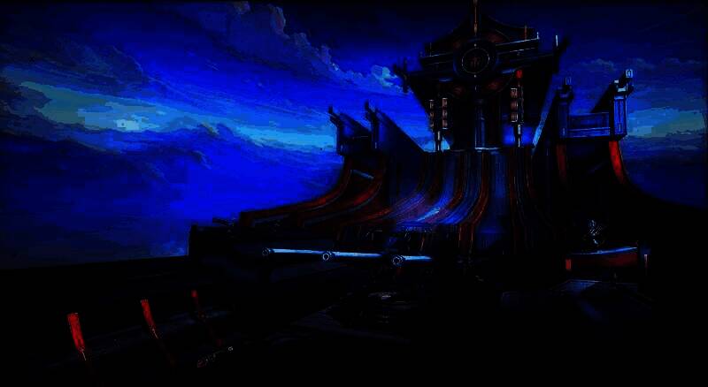 竞锋舰内部场景展示，金属质感强烈，角色们在擂台周围备战，气氛紧张