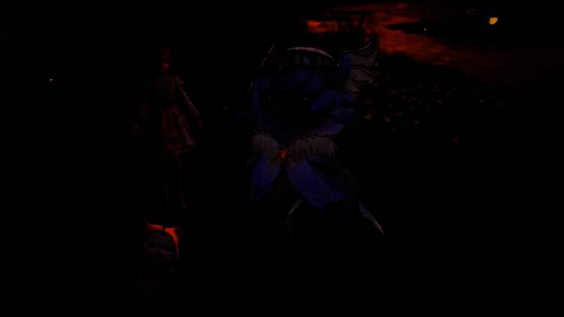 暖暖站在山顶眺望远方，身后是夕阳染红的天空与漂浮的岛屿