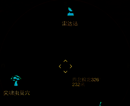 《绝地潜兵2》玩家小地图界面，显示已完成雷达站任务后所有资源点被高亮标记