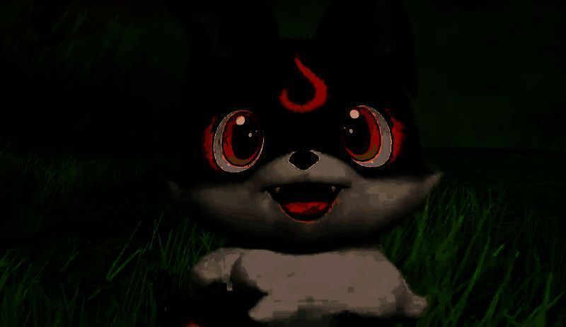 野外地图中小炭犬在草丛中奔跑的实景画面，背景为森林环境，阳光洒落