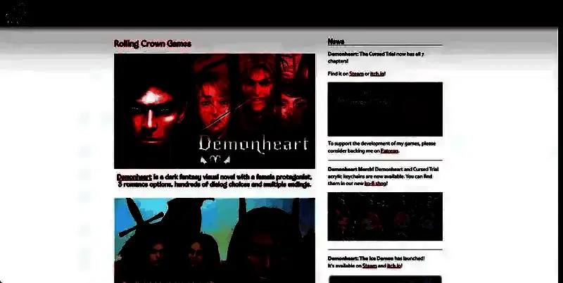 Rolling Crown官网页面截图，页面展示多款旗下游戏，其中《Demonheart：The Cursed Trial》位于显著位置