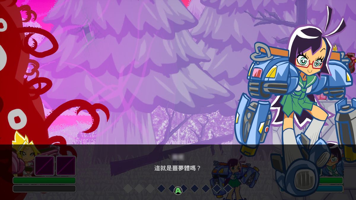 战斗场景截图，一名少女操控机甲释放能量光刃斩击多个漂浮敌人，周围散落着发光的芯片道具