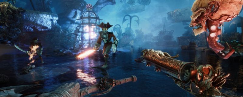 《戴维琼斯》游戏主视觉图，画面中一名身穿斗篷的角色站在风暴中的礁石上，远处是发光的巨型海怪轮廓，整体氛围阴暗神秘