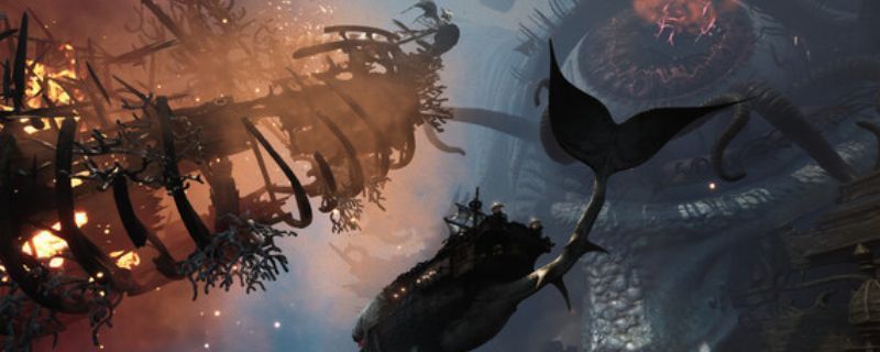 戴维琼斯游戏封面，主角无头身躯与漂浮头骨并肩站立，背景为阴森云海中的浮空岛屿