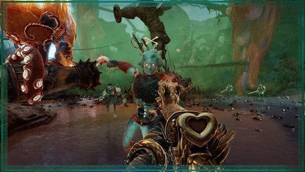 战斗场景截图，主角身体持剑劈砍敌人，头骨在空中高速旋转撞击另一名对手，周围火花四溅