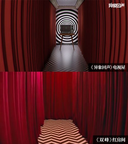 《异象回声》序章电视屋场景，红色帷幕背景下老式电视机闪烁雪花屏，光影交错营造诡异氛围