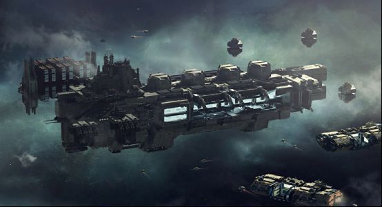 支援舰展开为前哨站的过程演示图，展现其在资源点部署的动态场景