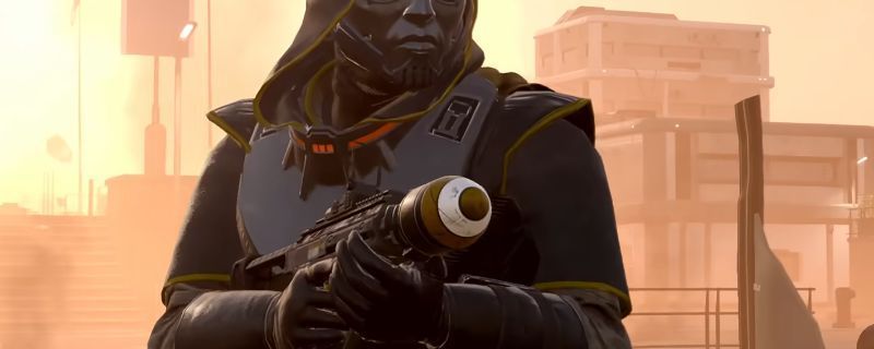 《绝地潜兵2》中核弹手枪在战场上发射高能射弹的瞬间，爆炸光效强烈，周围敌人被气浪掀飞