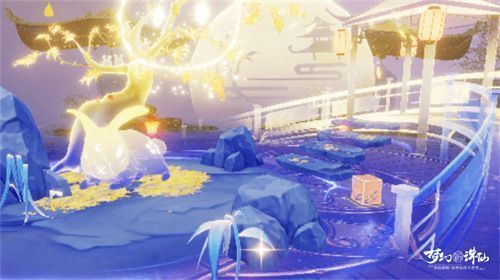 夜空中烟花炸裂成满月形状，多名玩家角色仰头观看，聊天框飘过‘共此明月光’字样