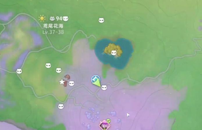 地图标注图，多个伊莫图标分布在花海各区域，配有箭头和文字说明其具体位置