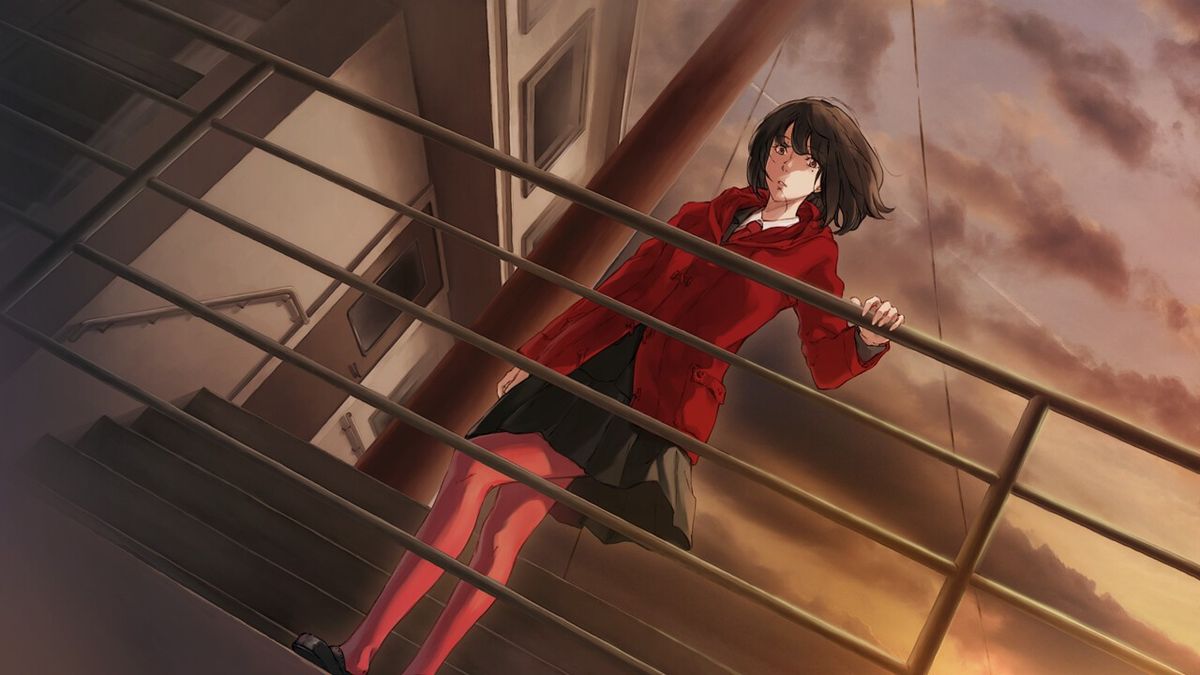 雨夜街道上的追逐场景，人物身影模糊，灯光折射出冷色调光影