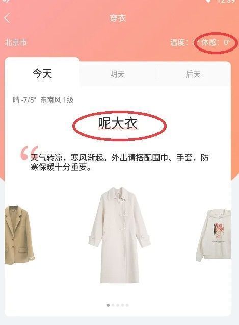 穿衣建议页面展示当前体感温度与推荐穿搭内容