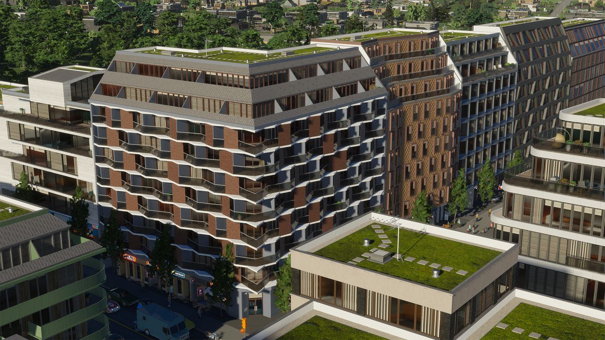 游戏内城市服务建筑群鸟瞰图，包含都市风格的学校与医疗中心，周围绿树成荫，道路整洁有序