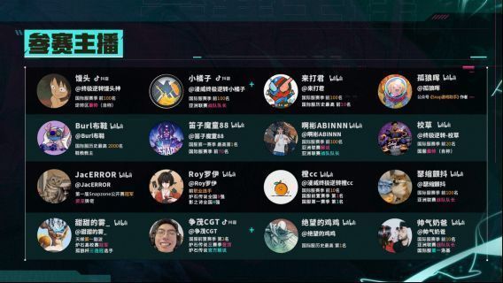 参赛主播群像图，包含孤狼晖、甜甜的雾、Roy罗伊等人头像拼接，背景为游戏卡牌对战场景