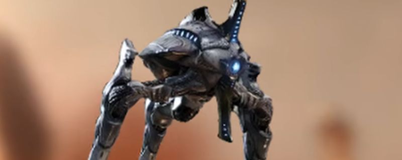 《绝地潜兵2》中光能族收割者在战场上行进的场景，体型巨大，周身环绕能量护盾，散发蓝色光芒