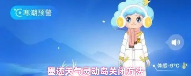 墨迹天气灵动岛界面展示，右上角标有明显的关闭X按钮