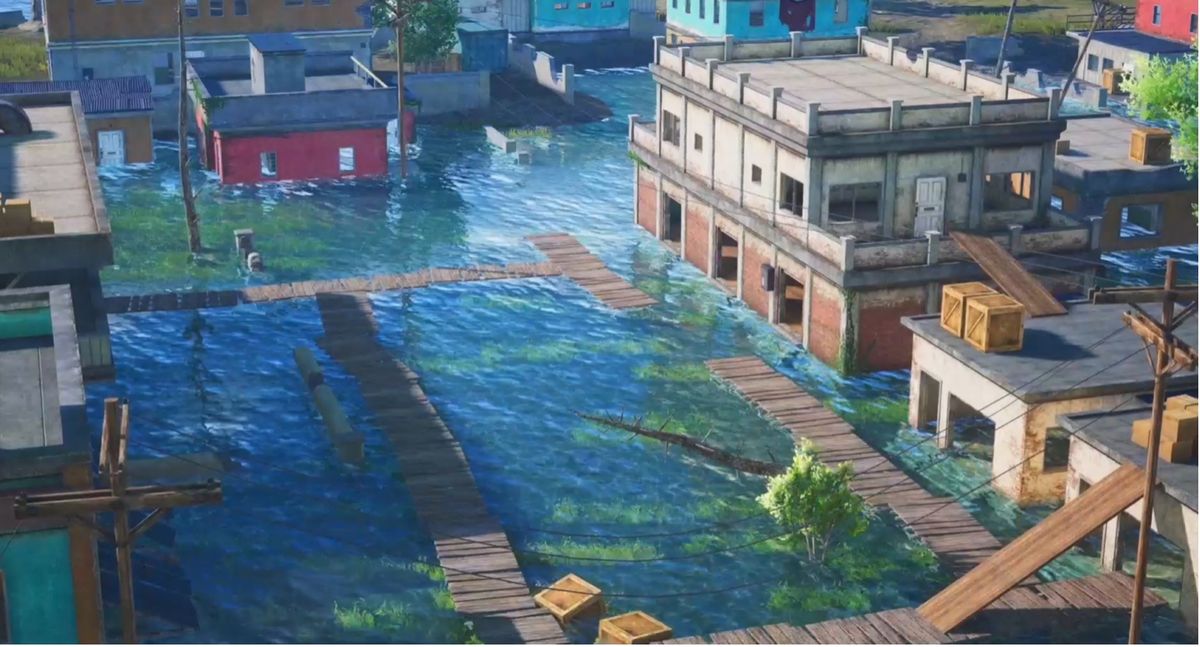 沙漠绿洲中的水塘倒映着蓝天白云，周围植被随风摇曳