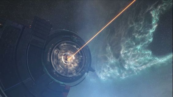 星诺卫星钻机在卫星表面作业场景，周围环绕资源采集光束与存储舱