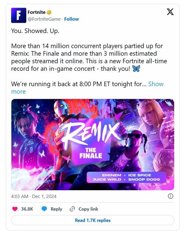 《堡垒之夜》游戏内演唱会全景图，绚丽的特效布景与成千上万玩家化身的角色齐聚岛屿中央，气氛热烈