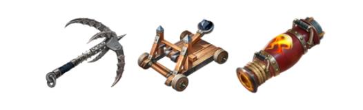 精工铁爪、喷火筒、天工臂三项攻击型装备特写，火焰与机械元素交织