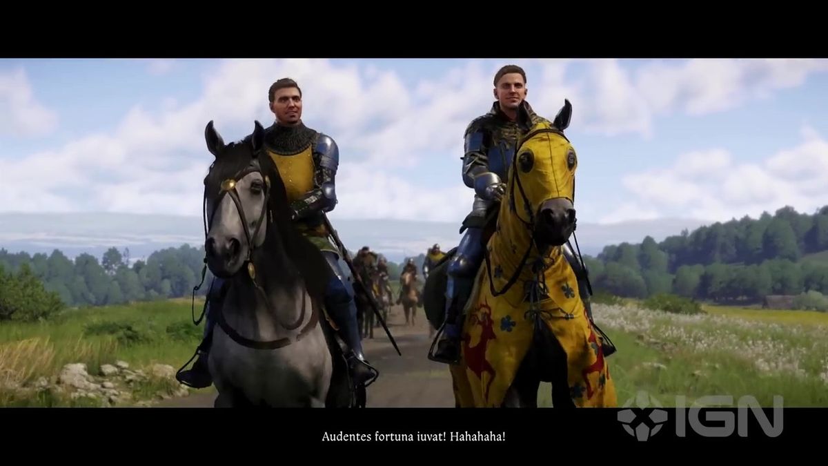 《天国：拯救2》开场动画截图，展现中世纪战场硝烟弥漫的宏大场面