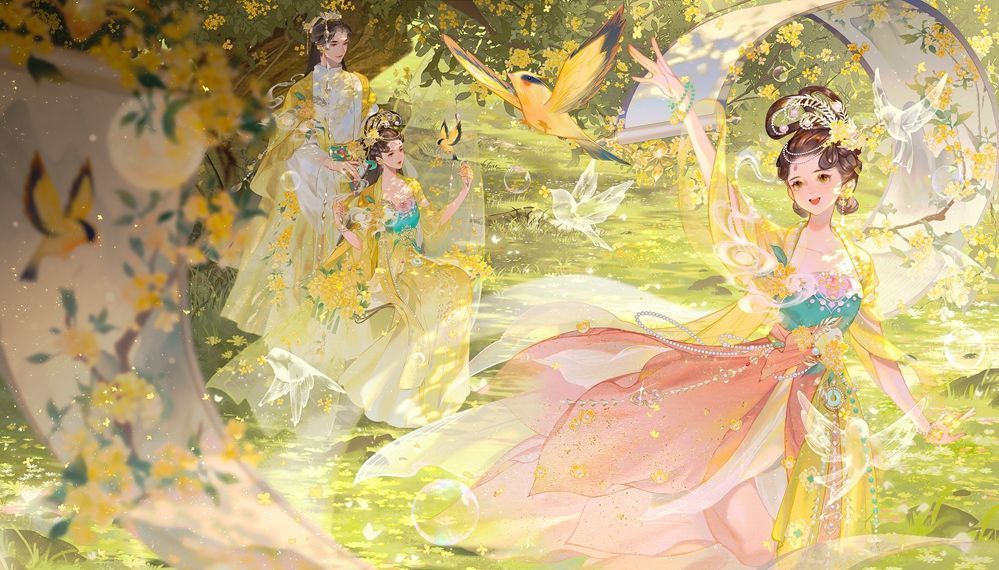 【心王·摇芳尘】外观展示，角色身着飘逸长裙，头饰点缀桂花，背景为月宫幻境