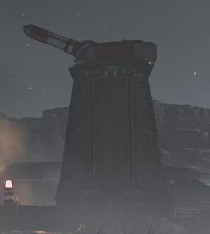 游戏界面显示机械炮塔的详细属性面板，包括血量、伤害阈值和弱点标识