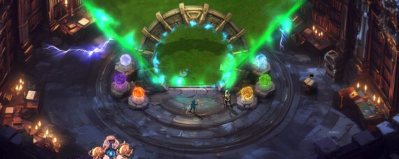 《默特术士》游戏画面截图，展示奇幻风格的战场场景，漂浮的光点与神秘符文交织，角色在魔法阵中施法