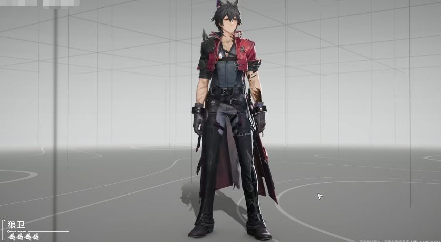 狼卫角色立绘，身穿暗色作战服，眼神冷峻，周身环绕着风暴能量特效