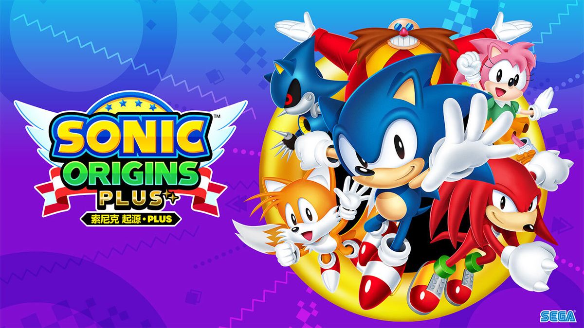 《索尼克 起源・PLUS》游戏界面截图，展示经典蓝刺猬奔跑于环形赛道