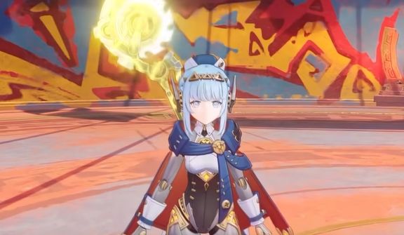 伊涅芙施展普通攻击动画截图，角色挥舞双刃释放雷光斩击，敌人被击退