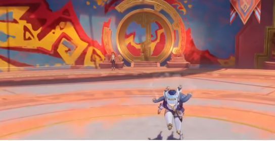 伊涅芙释放元素战技瞬间，蓝色光盾展开，队友被包裹在防护罩内