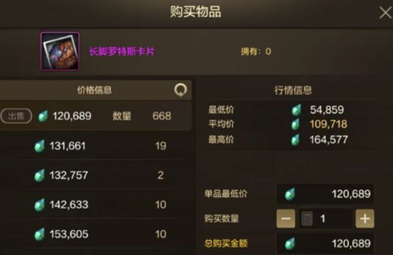 拍卖行界面截图，显示‘长脚罗特斯’与‘冰龙斯卡萨’卡片价格显著上涨趋势