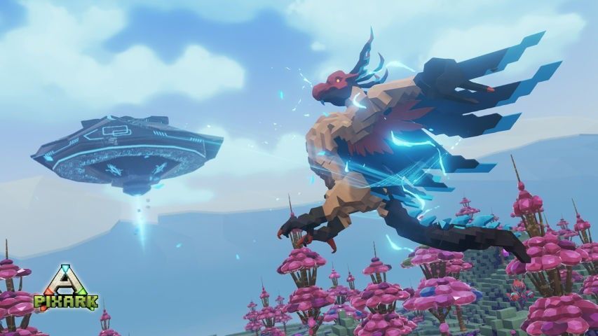 《方块方舟》游戏主界面截图，展示玩家与多种生物共存的开放世界场景