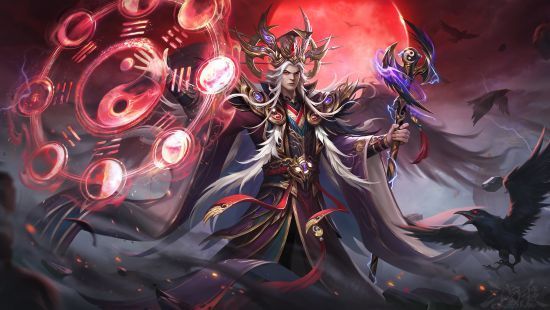 「神」曹操·晷月皓冕夜晚形态，换装暗金铠甲，背景圆月当空，气势逼人