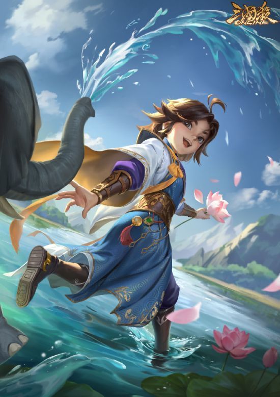 「界」曹冲游戏立绘，少年形象端坐于秤旁，眼神睿智，周围漂浮符文与算珠特效