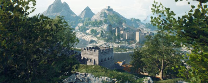 《华夏山河》游戏主视觉图，展现长城蜿蜒于群山之间的壮丽景象，远处村落炊烟袅袅，充满东方古韵