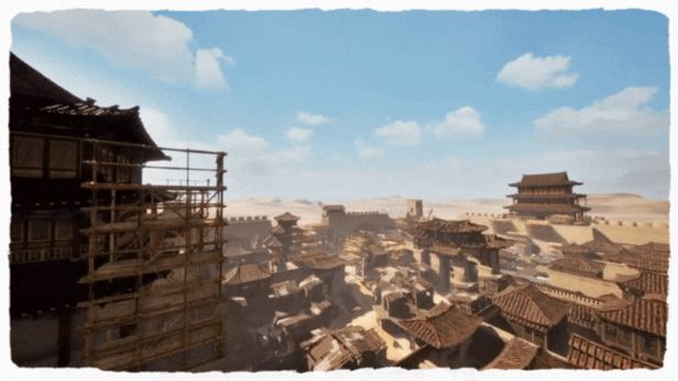 玩家在高山地带指挥工人开山采石，背景是陡峭悬崖与正在修建的长城段落，场面恢弘