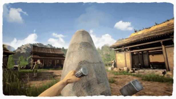 工匠正在搭建烽火台，周围堆放着石料与木梁，远处长城蜿蜒于山脊之上