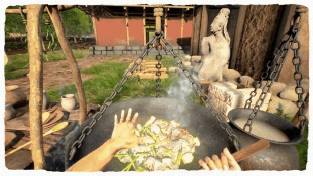 夜晚的村庄灯火通明，村民围坐吃饭，孩童嬉戏，庭院中挂着红灯笼，洋溢着节日氛围