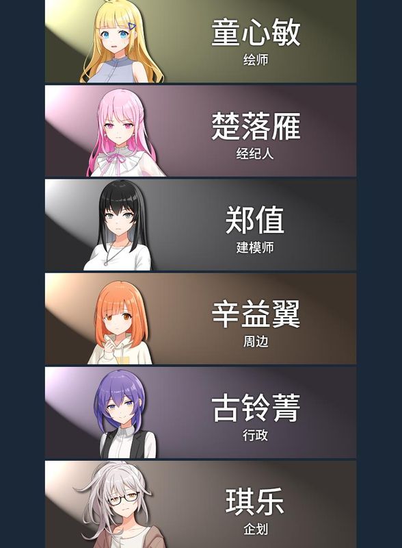 六名嫌疑人角色立绘合集，站成一排，表情各异，背景为公司办公室走廊，营造悬疑氛围