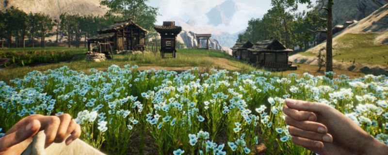 《华夏山河》游戏画面截图，展示山脉河流与城市布局的精致建模，远景中有云雾缭绕的山峰与错落有致的古代建筑群