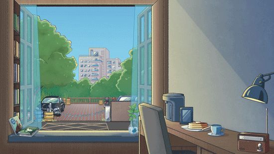 GIF动画展示玩家点击窗台后，一只小鸟飞落又离开，窗外行人抬头望了一眼，场景互动自然流畅