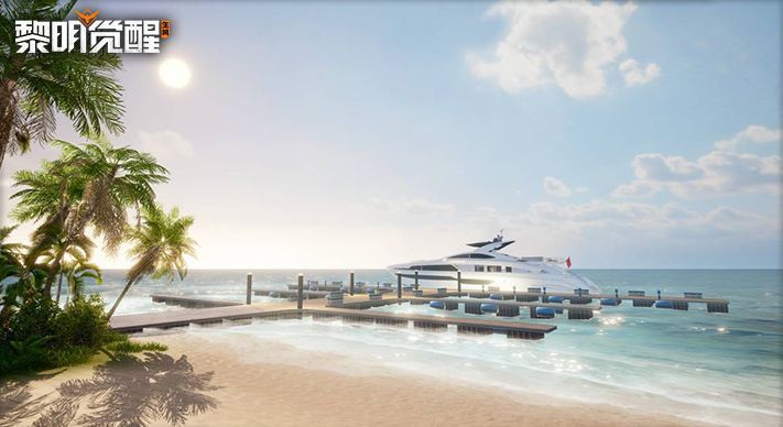 玩家驾驶白色游艇在碧蓝海面上航行，身后是精心布置的海岛庄园，阳光洒落波光粼粼