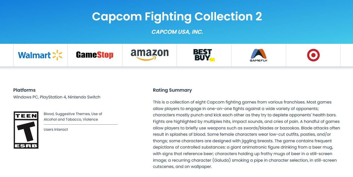 《卡普空对战格斗合集2》ESRB评级页面截图，显示游戏分级为T级，平台涵盖PS4、Switch和PC