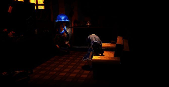 错层读书角特写，木质书架靠墙而立，小椅子旁堆满书籍，壁炉上挂着彩色编织花环