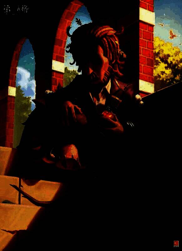 野人-‘野孩子’身穿破旧校服，与一头温顺野猪依偎在墙角，手中拿着苹果共享食物，背景为昏暗的学院角落