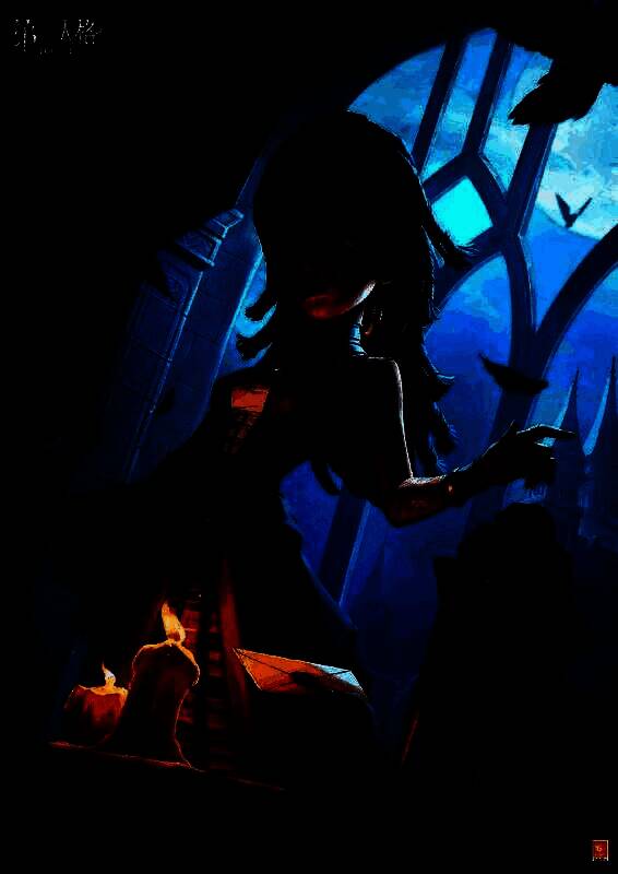 咒术师-‘答案’逆光行走于石砌楼梯，乌鸦停在栏杆上口衔火漆信封，月光洒落书页与手套