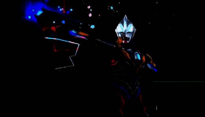 捷德奥特曼释放终极技能瞬间，能量汇聚成十字光刃，气势磅礴